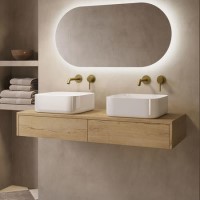 1200mm Oak Wood Effect Wall Hung Countertop Vanity Unit with Curved Square Basin - Lugo