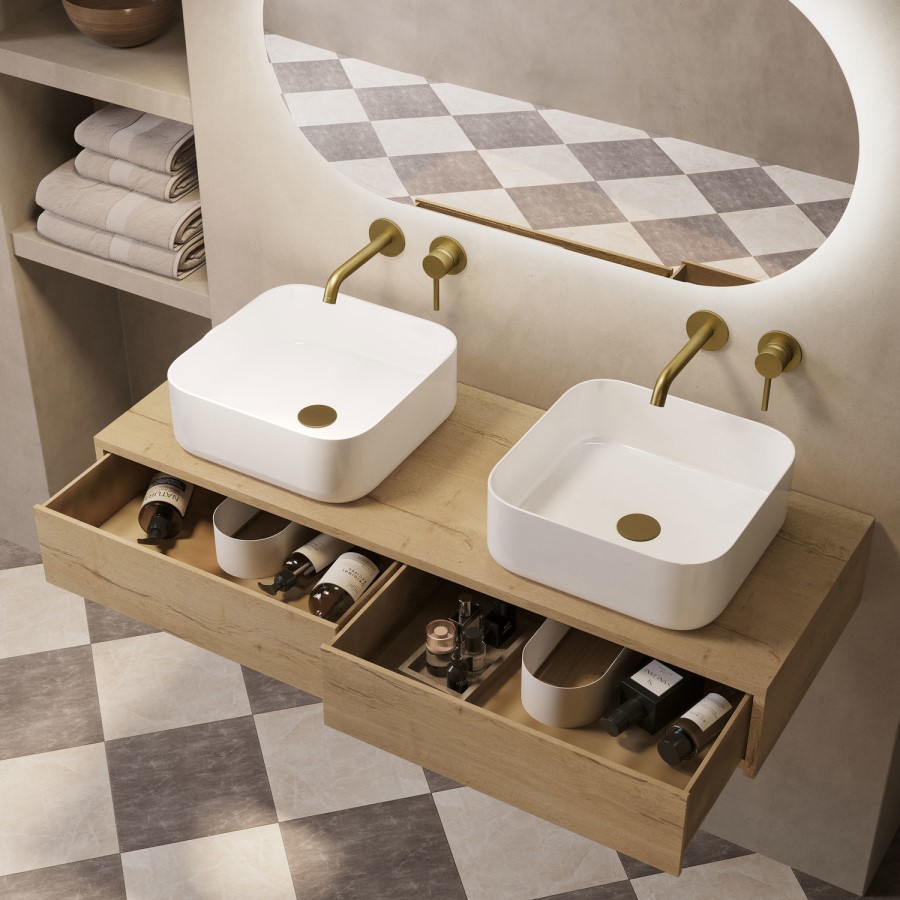 1200mm Oak Wood Effect Wall Hung Countertop Vanity Unit with Curved Square Basin - Lugo