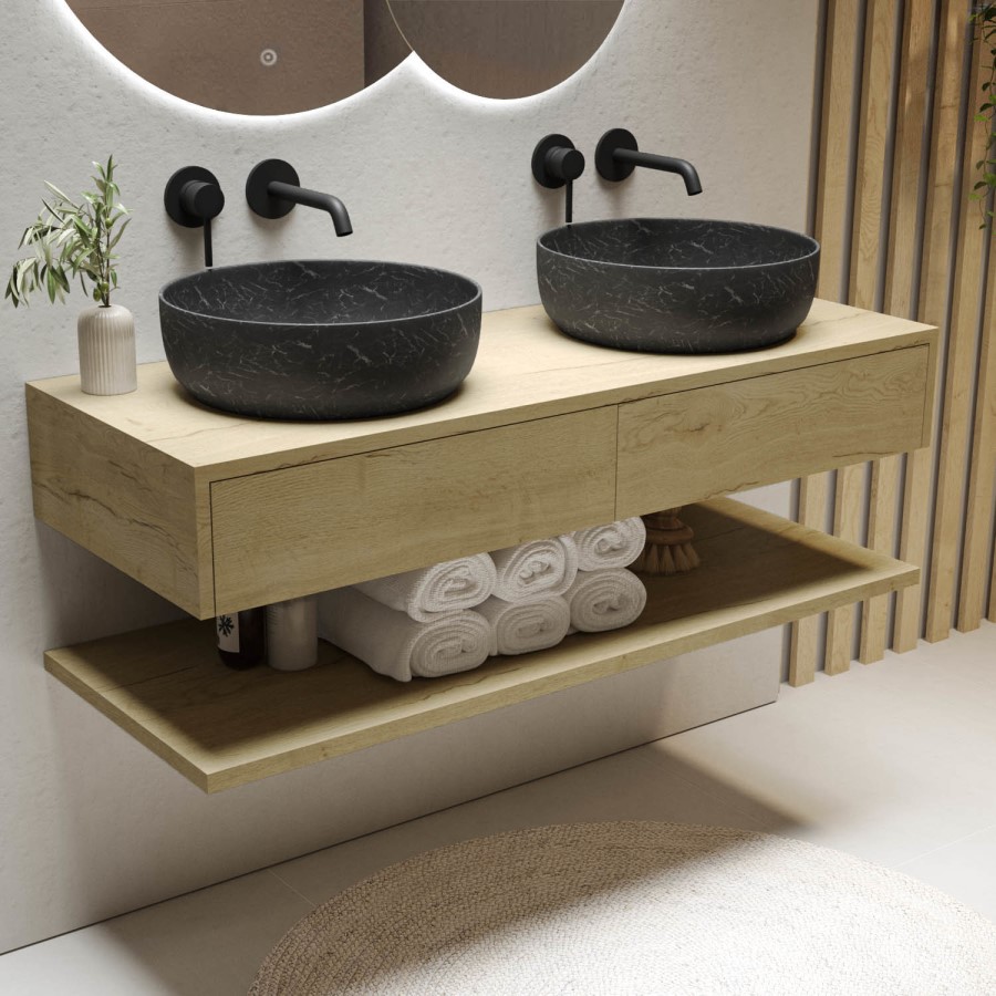 1200mm Wood Effect Wall Hung Countertop Double Vanity Unit with Black Marble Effect Basins and Shelf - Lugo