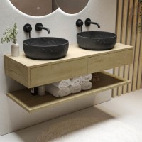 1200mm Wood Effect Wall Hung Countertop Double Vanity Unit with Black Marble Effect Basins and Shelf - Lugo 1200mm Wood Effect Wall Hung Countertop Double Vanity Unit with Black Marble Effect Basins and Shelf - Lugo