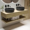 1200mm Oak Wall Hung Countertop Vanity Unit with Black Marble Effect Basin and Shelves - Lugo
