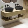 1200mm Wood Effect Wall Hung Countertop Double Vanity Unit with Black Marble Effect Basins and Shelf - Lugo