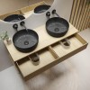 1200mm Oak Wall Hung Countertop Vanity Unit with Black Marble Effect Basin and Shelves - Lugo