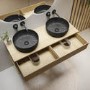 1200mm Wood Effect Wall Hung Countertop Double Vanity Unit with Black Marble Effect Basins and Shelf - Lugo