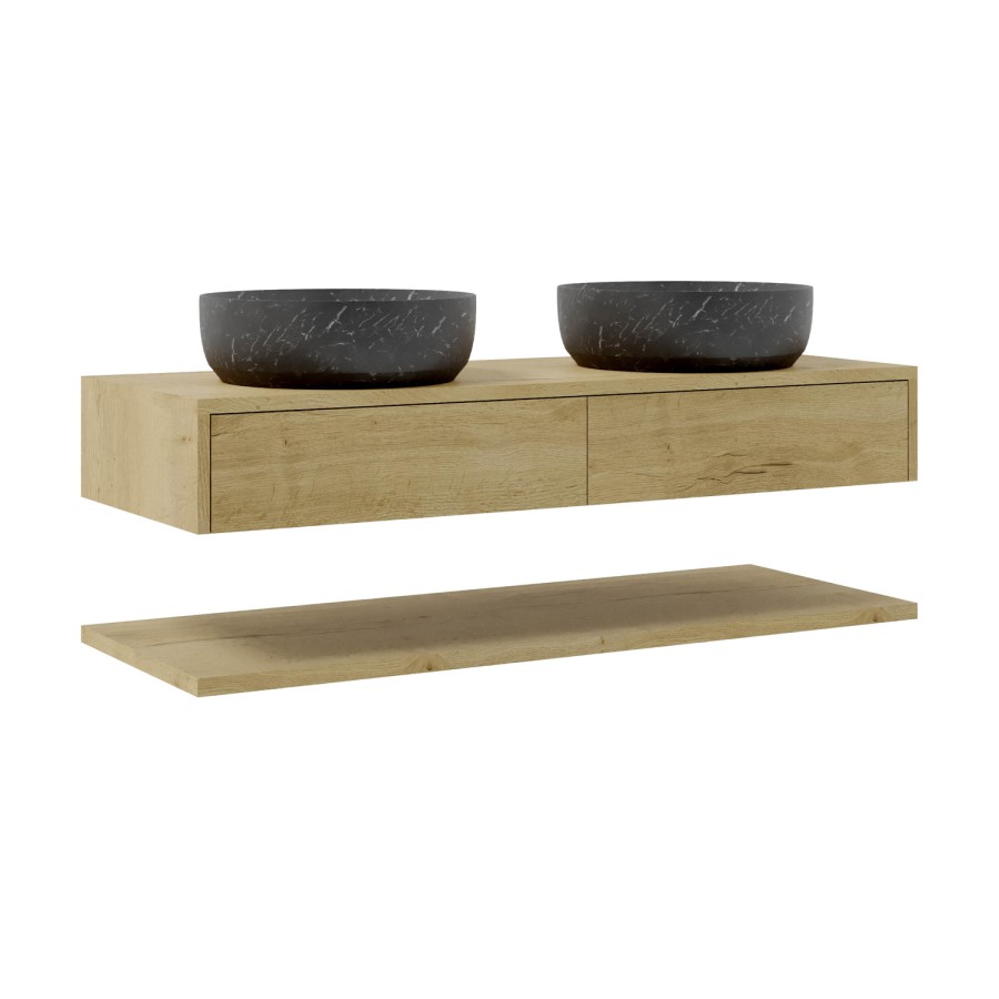 1200mm Wood Effect Wall Hung Countertop Double Vanity Unit with Black Marble Effect Basins and Shelf - Lugo