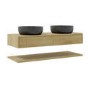 1200mm Wood Effect Wall Hung Countertop Double Vanity Unit with Black Marble Effect Basins and Shelf - Lugo