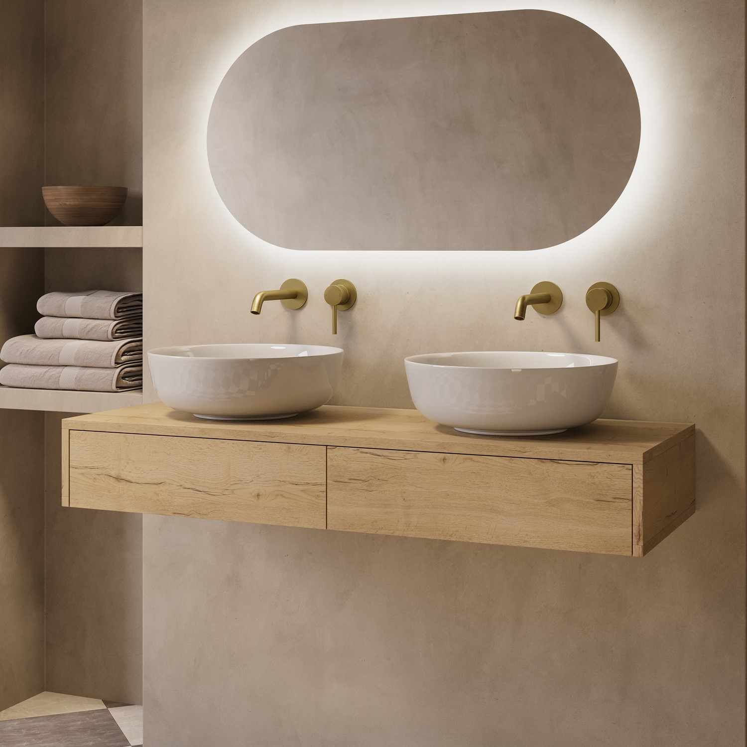 Lugo Brown 1200Mm Oak Wood Effect Wall Hung Double Countertop Vanity Unit With Round Basins