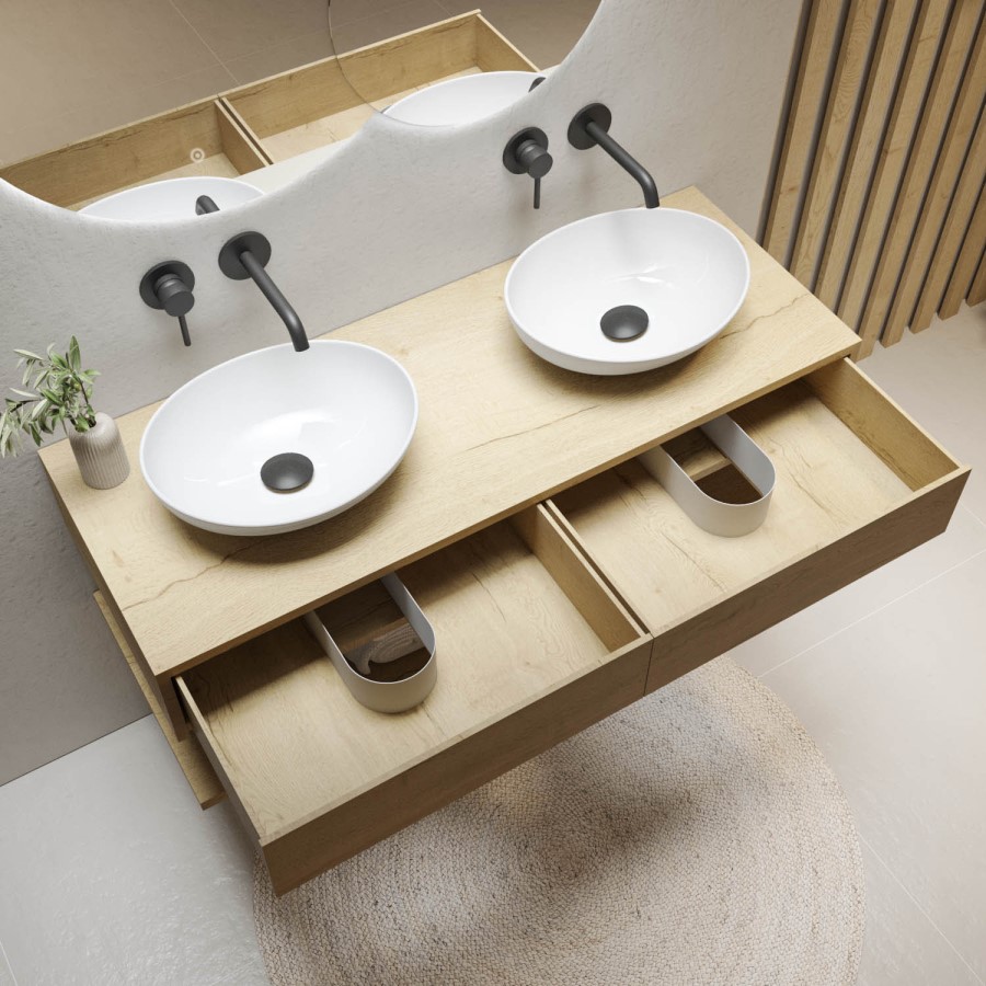 1200mm Wood Effect Wall Hung Countertop Double Vanity Unit with Oval Basins and Shelf - Lugo