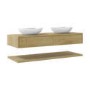 1200mm Wood Effect Wall Hung Countertop Double Vanity Unit with Oval Basins and Shelf - Lugo