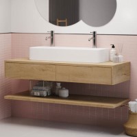1200mm Wood Effect Wall Hung Double Countertop Vanity Unit with Basin and Shelf - Lugo