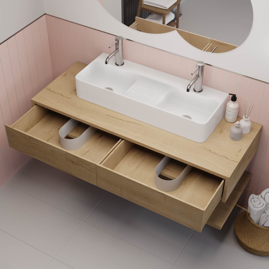 1200mm Wood Effect Wall Hung Double Countertop Vanity Unit with Basin and Shelf - Lugo