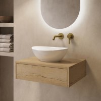 600mm Oak Wood Effect Wall Hung Countertop Vanity Unit with Oval Basin - Lugo