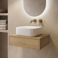 600mm Oak Wood Effect Wall Hung Countertop Vanity Unit with Curved Square Basin - Lugo