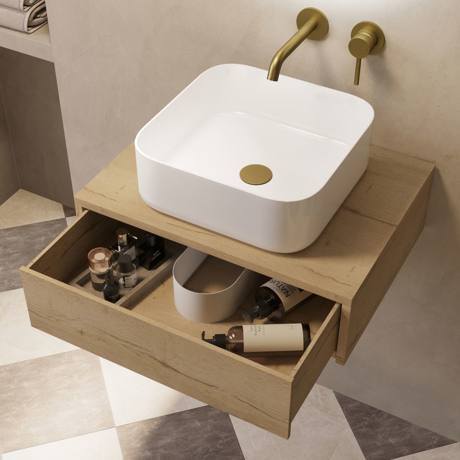 600mm Oak Wood Effect Wall Hung Countertop Vanity Unit with Curved Square Basin - Lugo