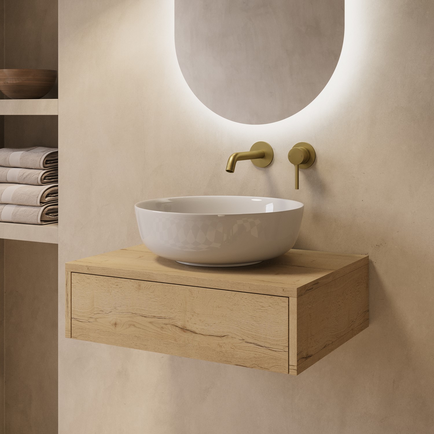 Lugo Brown 600Mm Oak Wood Effect Wall Hung Countertop Vanity Unit With Round Basin