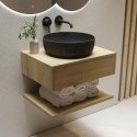 BUN/LUGOAK600/89160 600mm Wood Effect Wall Hung Countertop Vanity Unit with Black Marble Basin and Shelf - Lugo