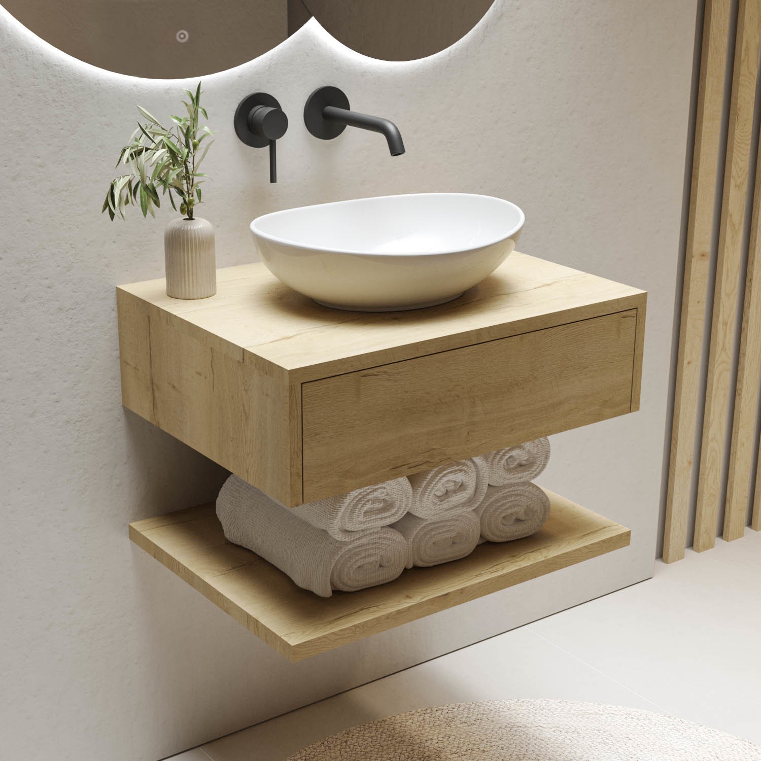 Grade A1 - 600mm Oak Wall Hung Countertop Vanity Unit with Oval Basin ...