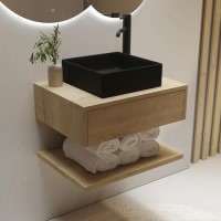 600mm Oak Wall Hung Countertop Vanity Unit with Black Square Basin and Shelf - Lugo