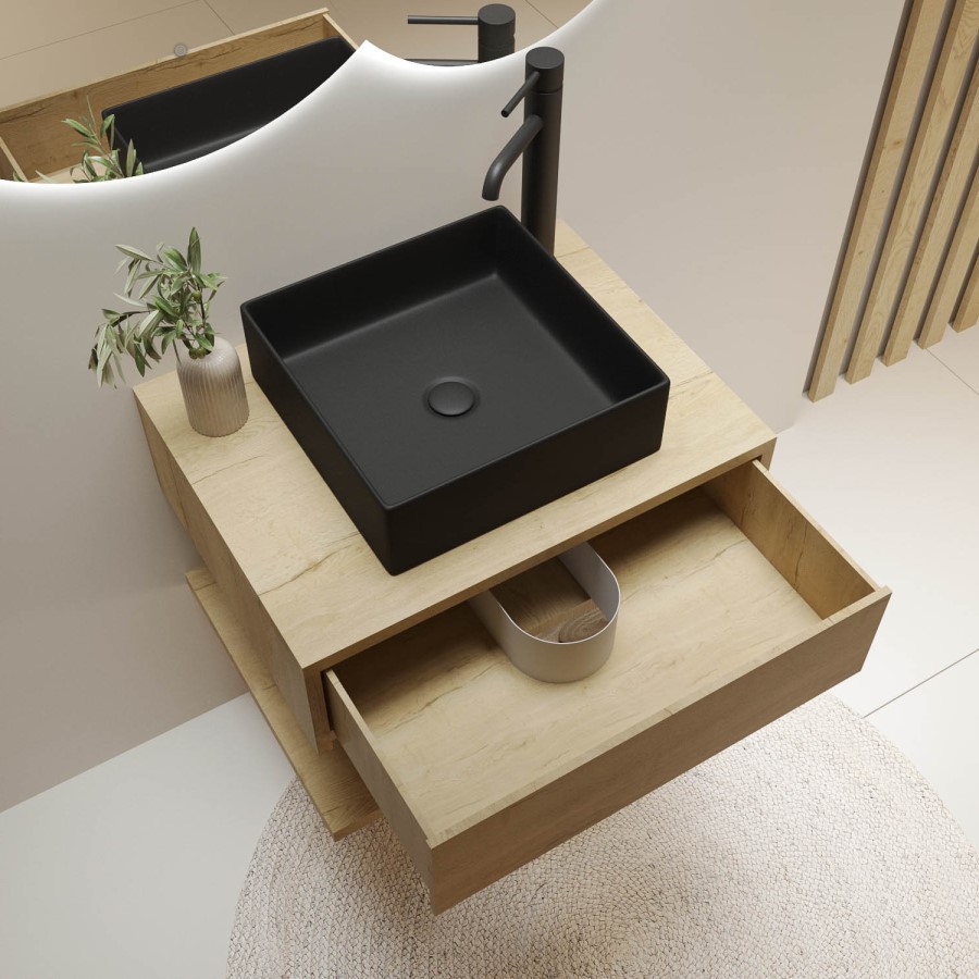 600mm Oak Wall Hung Countertop Vanity Unit with Black Square Basin and Shelf - Lugo