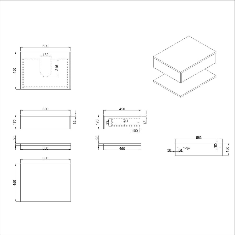 600mm Oak Wall Hung Countertop Vanity Unit with Black Square Basin and Shelf - Lugo