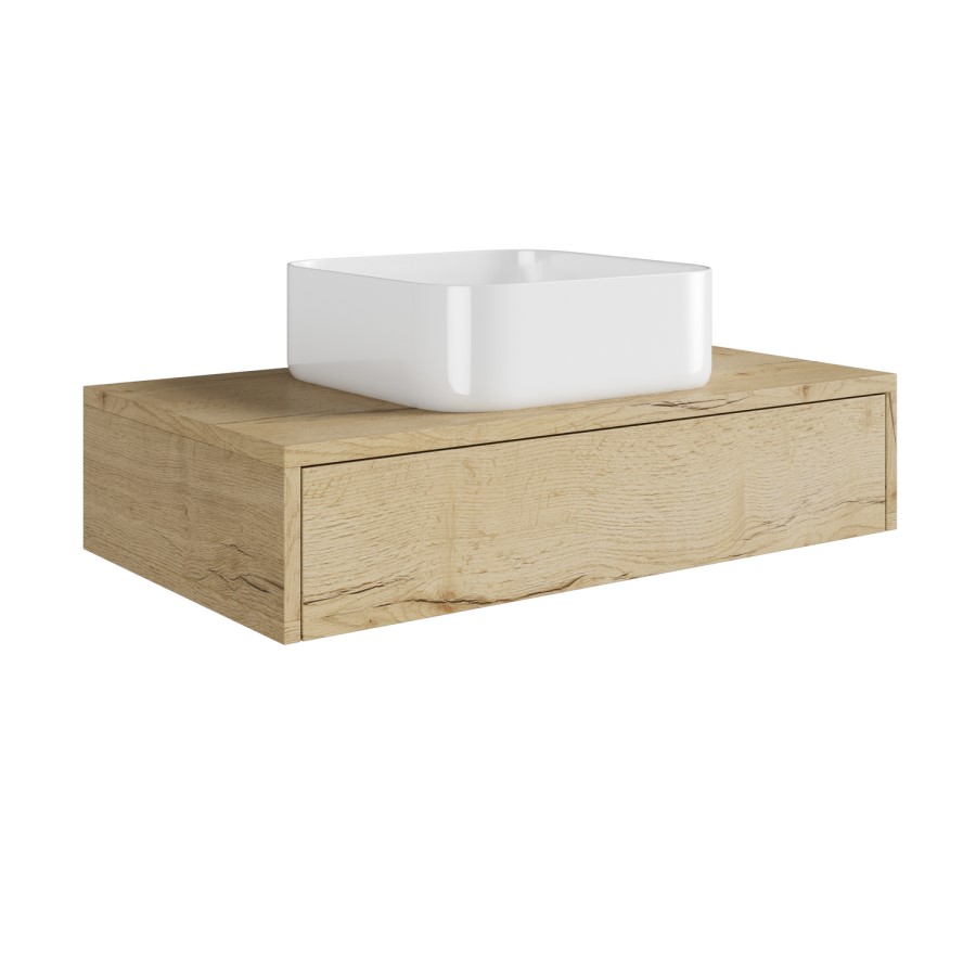 800mm Oak Wood Effect Wall Hung Countertop Vanity Unit with Curved Square Basin - Lugo