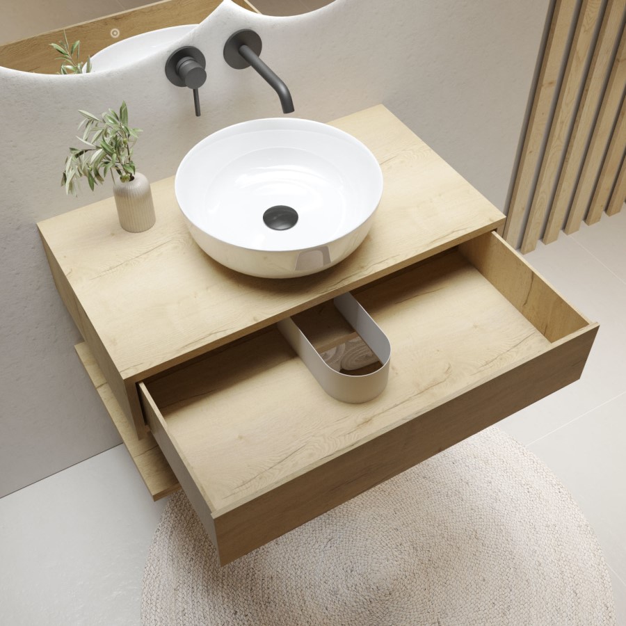 Grade A2 - 800mm Oak Wall Hung Countertop Vanity Unit with Round Basin and Shelves - Lugo