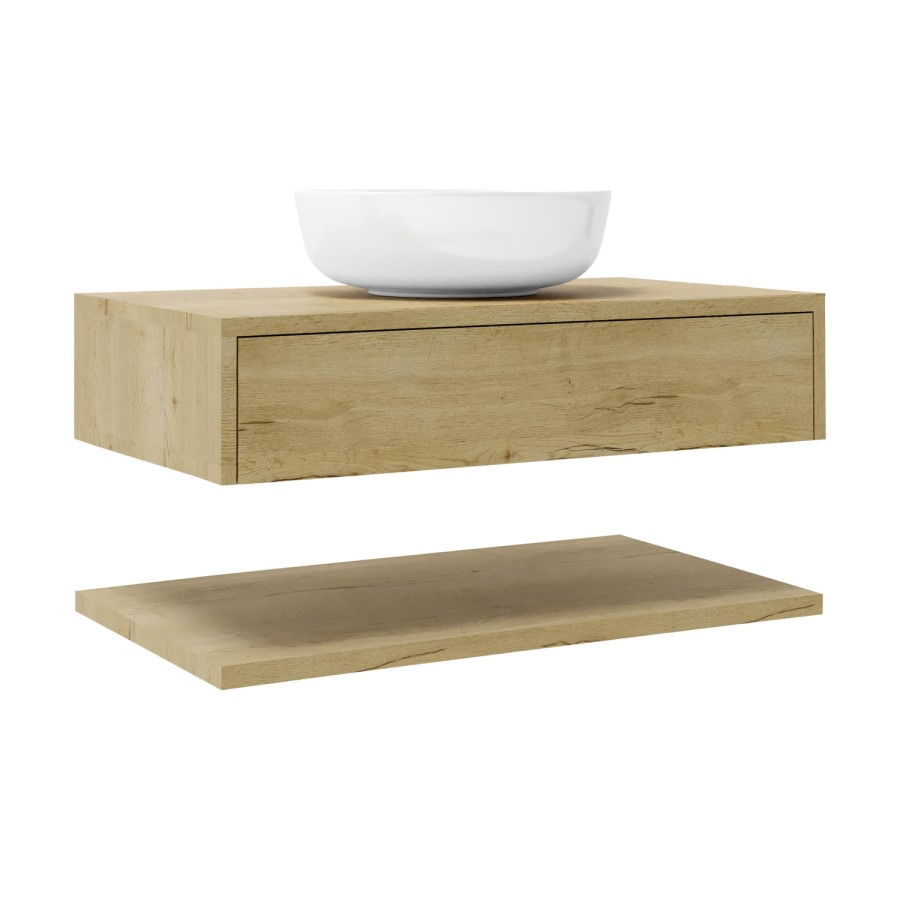 Grade A2 - 800mm Oak Wall Hung Countertop Vanity Unit with Round Basin and Shelves - Lugo