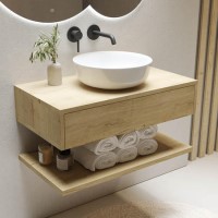 Grade A2 - 800mm Oak Wall Hung Countertop Vanity Unit with Round Basin and Shelves - Lugo