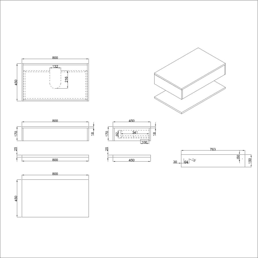 800mm Oak Wall Hung Countertop Vanity Unit with Black Square Basin and Shelf - Lugo