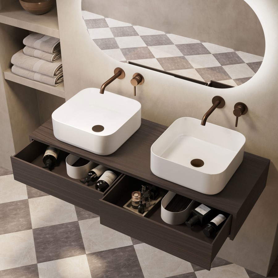 1200mm Walnut Wall Hung Countertop Vanity Unit with Curved Square Basin - Lugo
