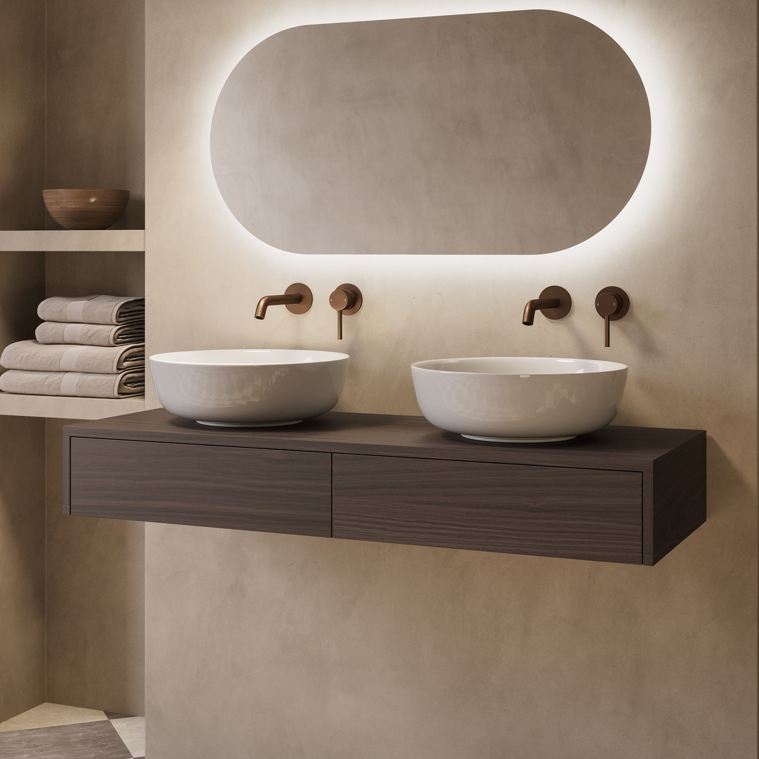 Lugo Brown 1200Mm Walnut Wood Effect Wall Hung Double Countertop Vanity Unit With Basin