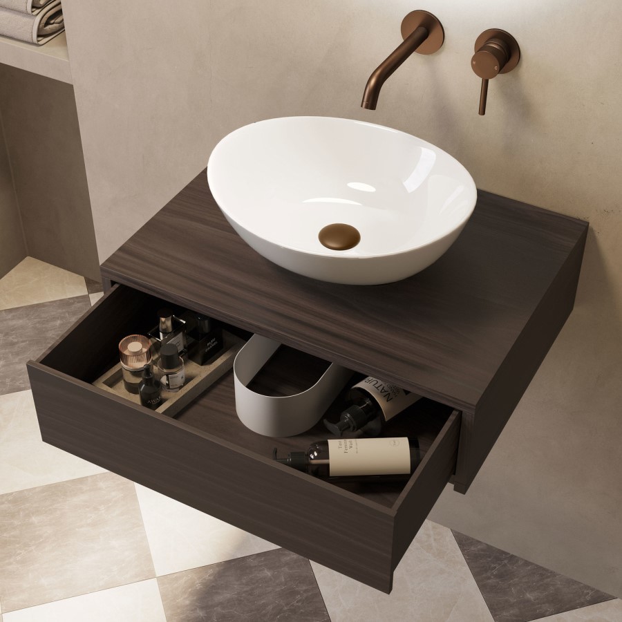 600mm Walnut Wood Effect Wall Hung Countertop Vanity Unit with Oval Basin - Lugo