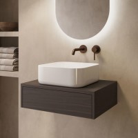 600mm Walnut Wall Hung Countertop Vanity Unit with Curved Square Basin - Lugo