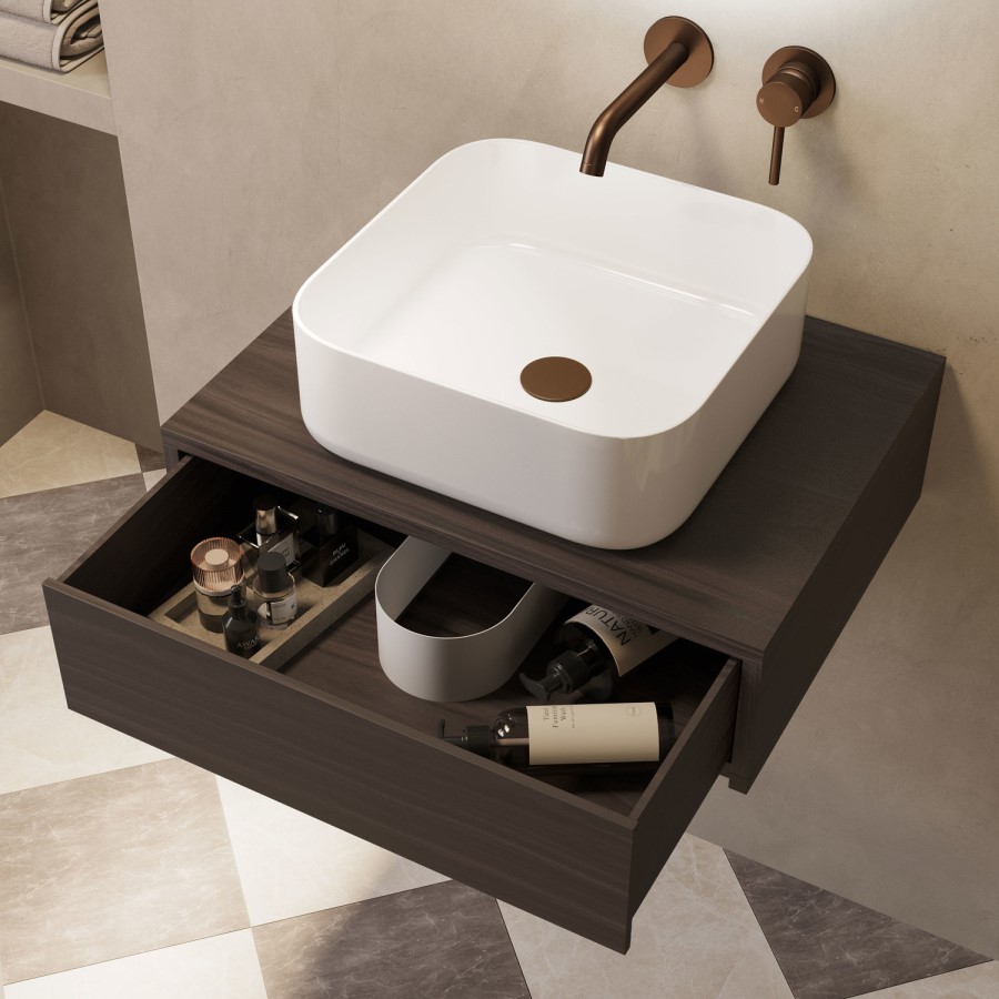 600mm Walnut Wall Hung Countertop Vanity Unit with Curved Square Basin - Lugo