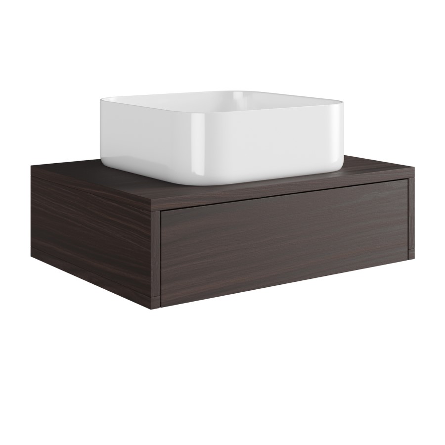 600mm Walnut Wall Hung Countertop Vanity Unit with Curved Square Basin - Lugo