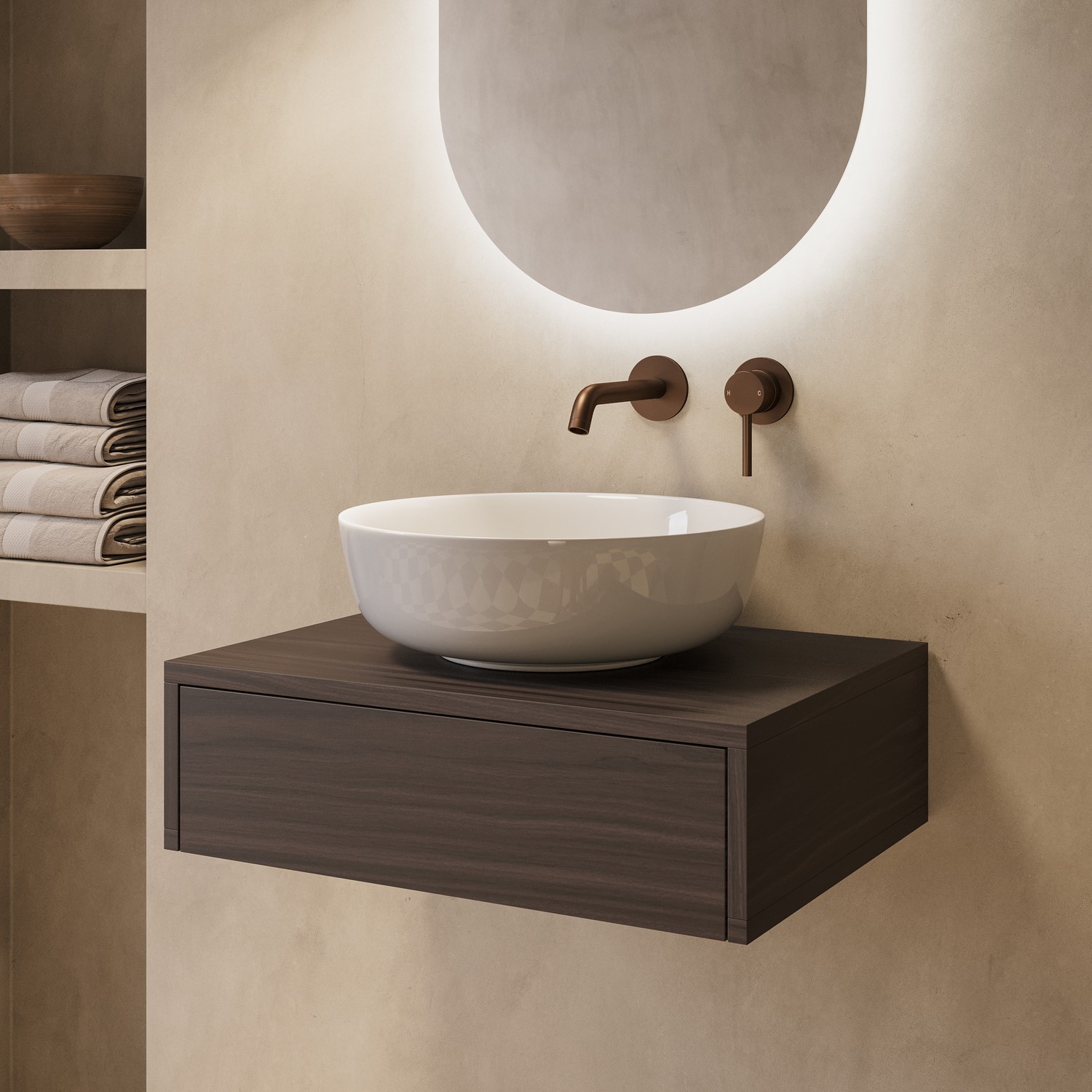 Lugo Brown 600Mm Walnut Wood Effect Wall Hung Countertop Vanity Unit With Basin