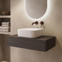 800mm Walnut Wall Hung Countertop Vanity Unit with Curved Square Basin - Lugo