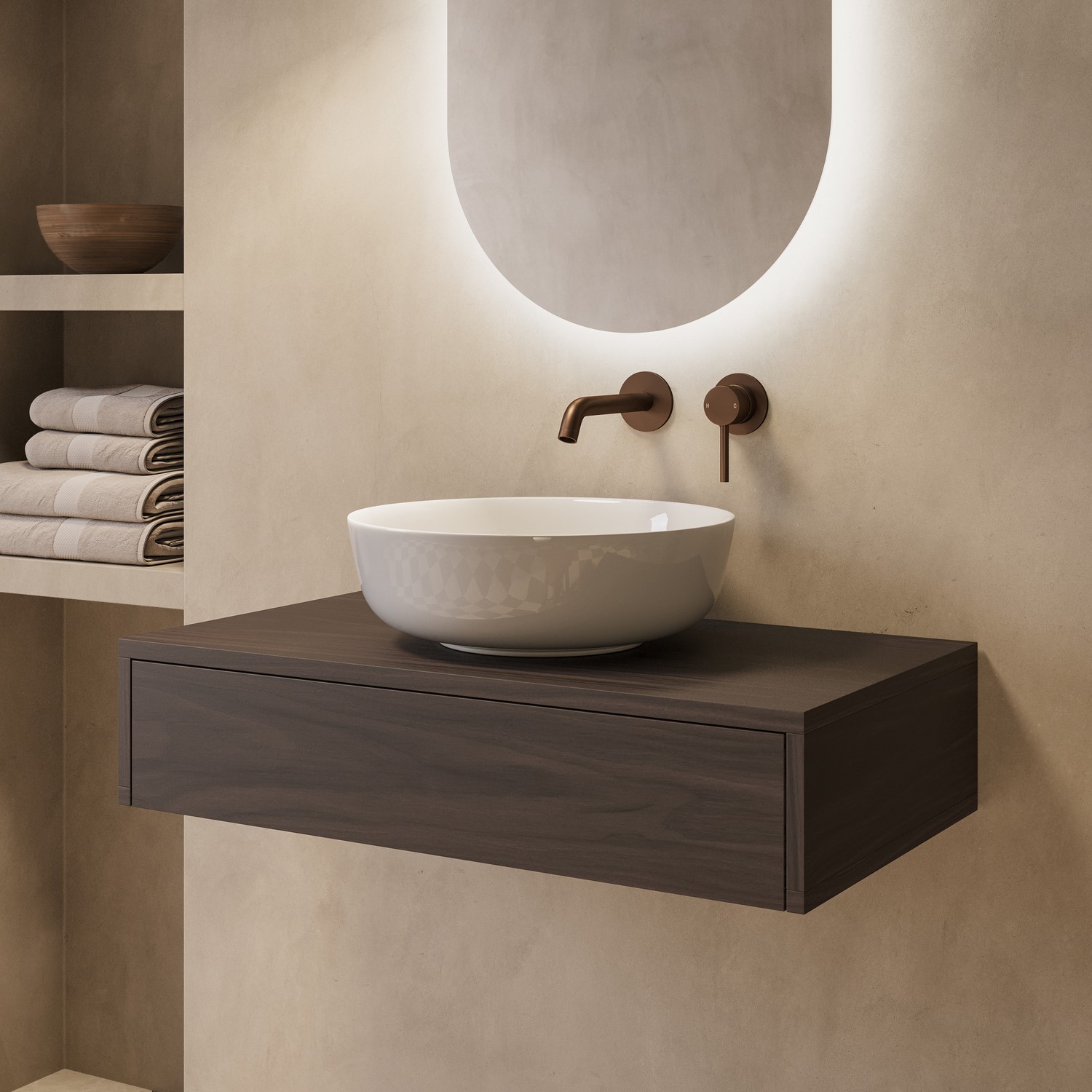 Lugo Brown 800Mm Walnut Wood Effect Wall Hung Countertop Vanity Unit With Basin