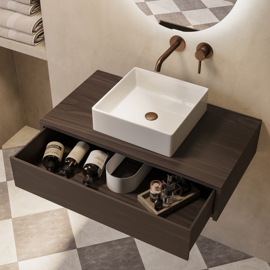 800mm Walnut Wall Hung Countertop Vanity Unit with Square Basin - Lugo