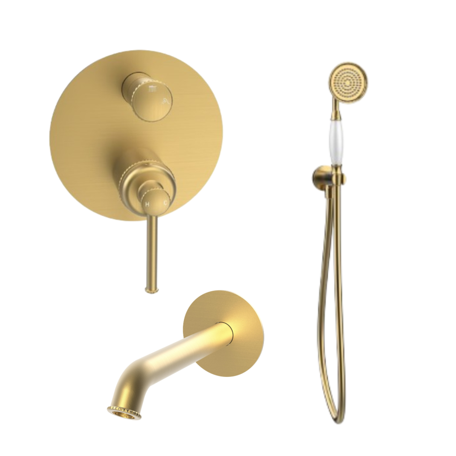 Brushed Brass 2 Outlet Mixer Shower Set With Bath Filler Spout - Lyla