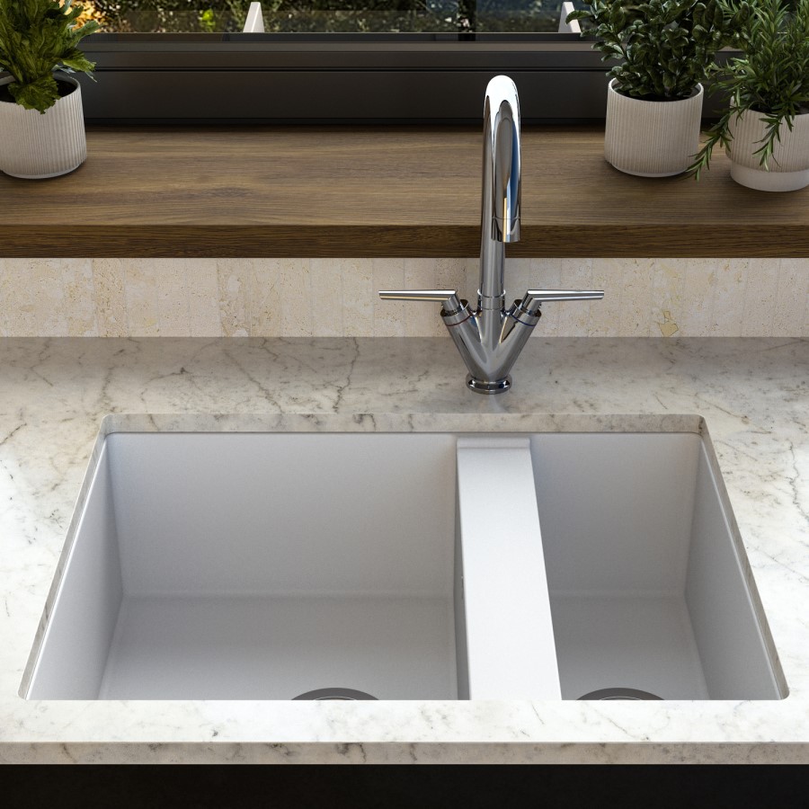 1.5 Bowl White Undermount Composite Kitchen Sink with Chrome Dual Lever Kitchen Mixer Tap - Enza