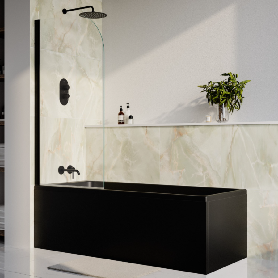 Matt Black Single Ended Shower Bath with Front Panel & Matt Black Screen 1700 x 700mm - Malden