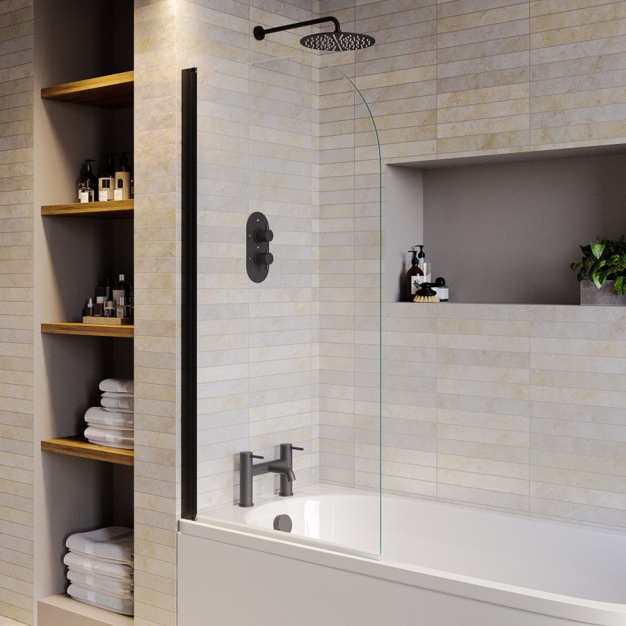 Matt Black Single Ended Shower Bath with Front Panel & Matt Black Screen 1700 x 700mm - Malden