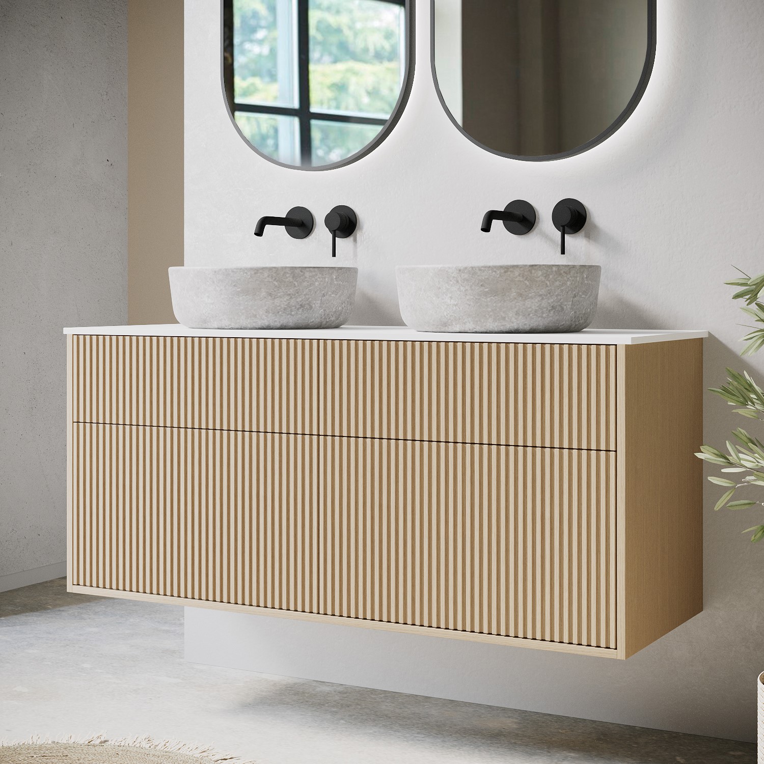 1250mm Wooden Fluted Wall Hung Double Countertop Vanity Unit with Stone ...