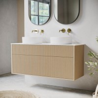 1250mm Wooden Fluted Wall Hung Double Countertop Vanity Unit with Round Basins - Matira 1250mm Wooden Fluted Wall Hung Double Countertop Vanity Unit with Round Basins - Matira
