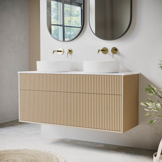 1250mm Wooden Wall Hung Countertop Vanity Unit with Round Basins - Matira