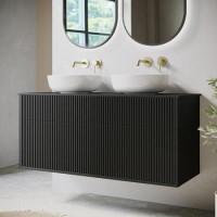 1250mm Black Wooden Fluted Wall Hung Countertop Double Vanity Unit with Round Basin - Matira 1250mm Black Wooden Fluted Wall Hung Countertop Double Vanity Unit with Round Basin - Matira