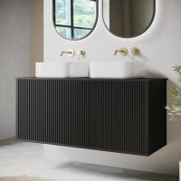 1250mm Black Wooden Fluted Wall Hung Countertop Double Vanity Unit with Square Basin - Matira 1250mm Black Wooden Fluted Wall Hung Countertop Double Vanity Unit with Square Basin - Matira