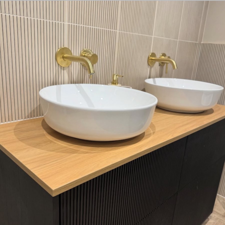 1250mm Black Wooden Freestanding Countertop Double Vanity Unit with Wood Effect Worktop and Round Basin - Matira