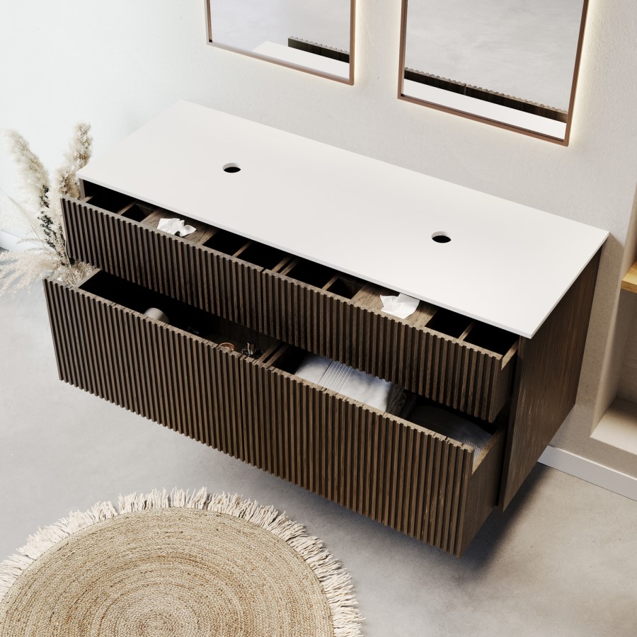 1250mm Walnut Wood Effect Fluted Wall Hung Double Countertop Vanity Unit – Matira